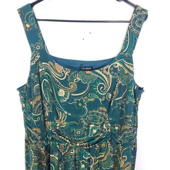 Le Bos Dress Womens 18W Colorful Green Paisley Ruched Draped Waist Flattering - Picture 2 of 11